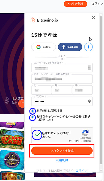 ビットカジノ 必要事項を入力