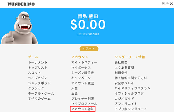 ワンダリーノアカウント認証